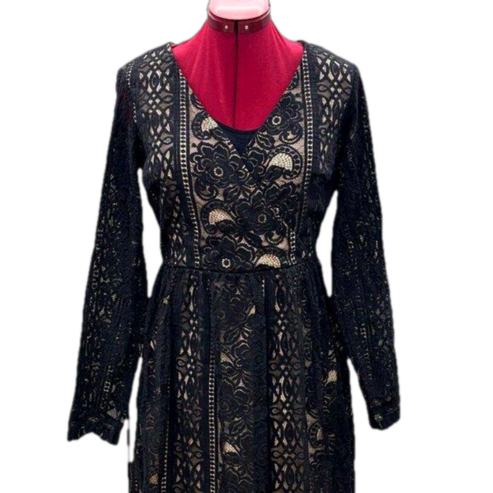 Xhiliration Long Sleeve Black Lace Lined Midi Dress Women's Size M